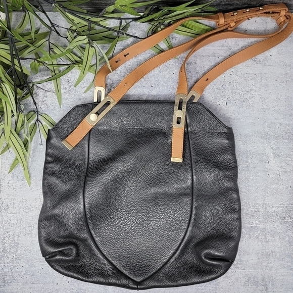 Stuart Weitzman Handbags - Stuart Weitzman | Black Snap Top Shoulder Bag with Tan Straps